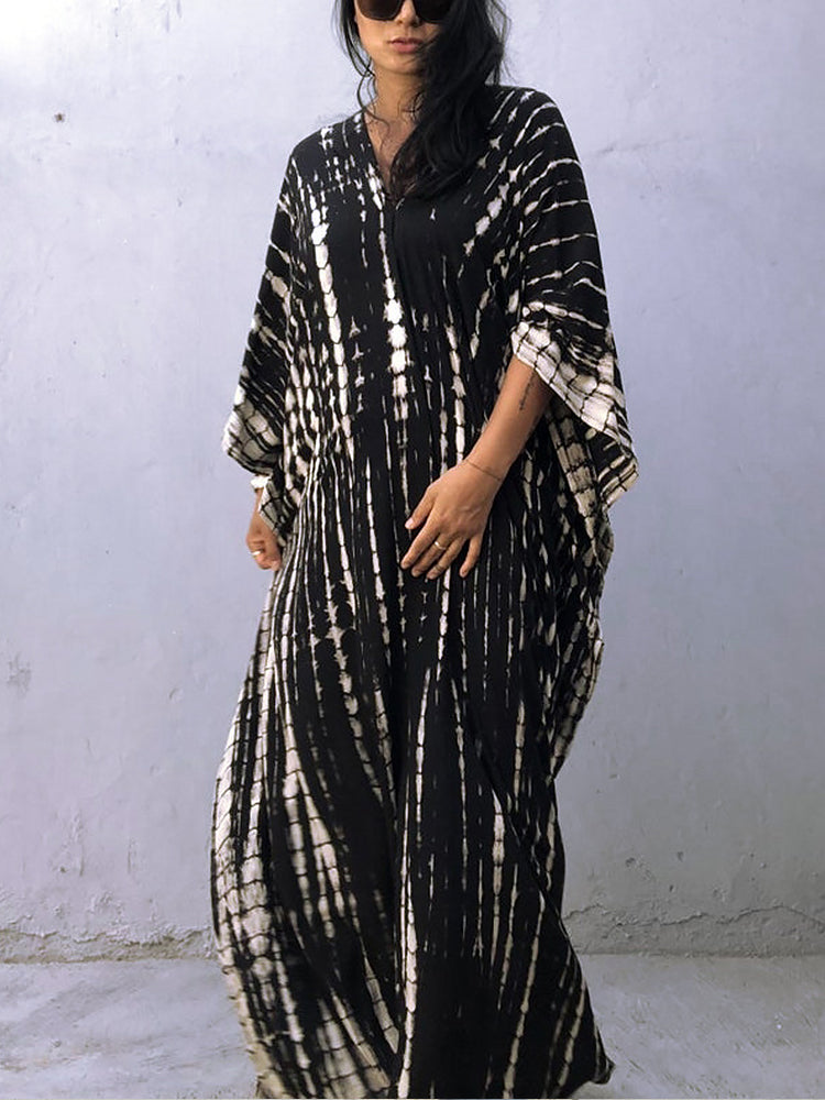 Women Print Beach Kaftan Dress Short Sleeve Plus Size Bathing Suit Cover Ups