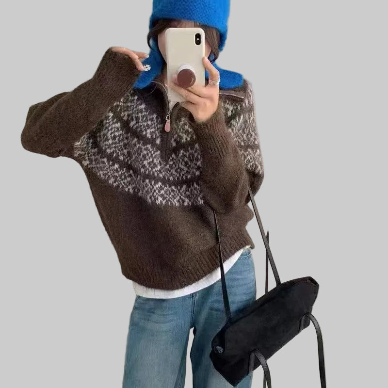 FREYA – Fair Isle Polo Collar Sweater Coat