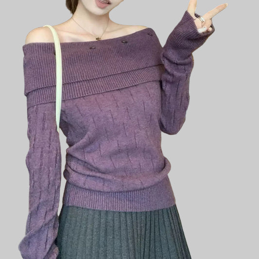 FIONA– OFF-SHOULDER BUTTON KNIT TOP
