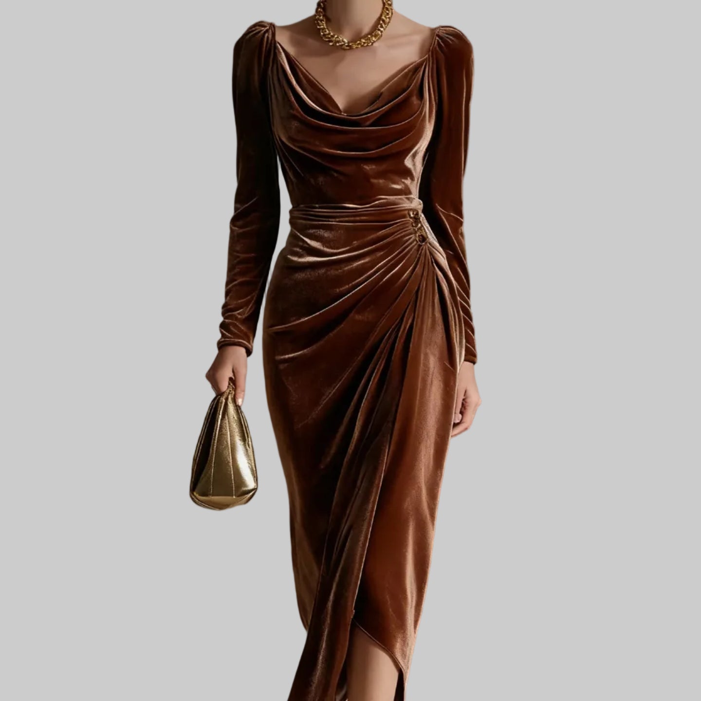 LIVIA – Gold Velvet Slim Dress