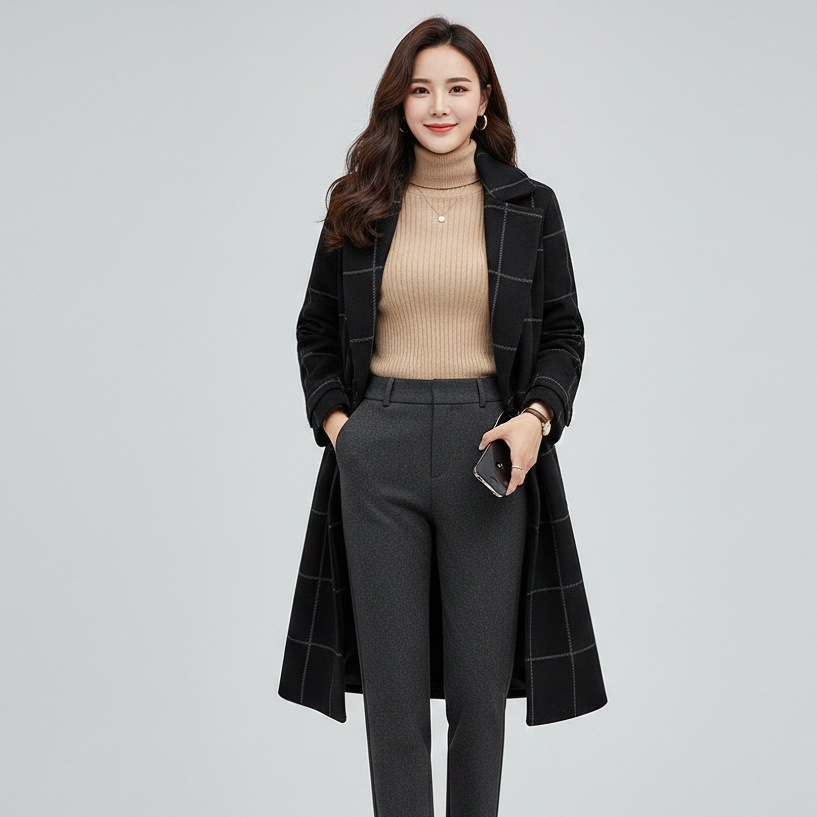 CAMILLE– Retro Plaid Lapel Long Coat