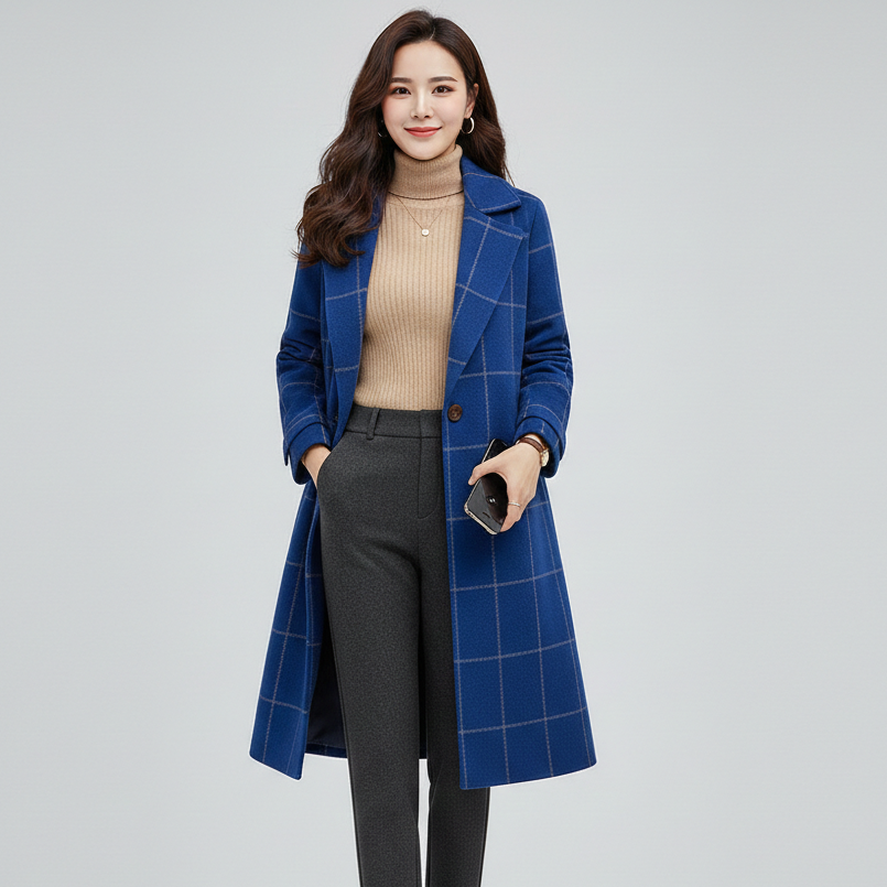 CAMILLE– Retro Plaid Lapel Long Coat