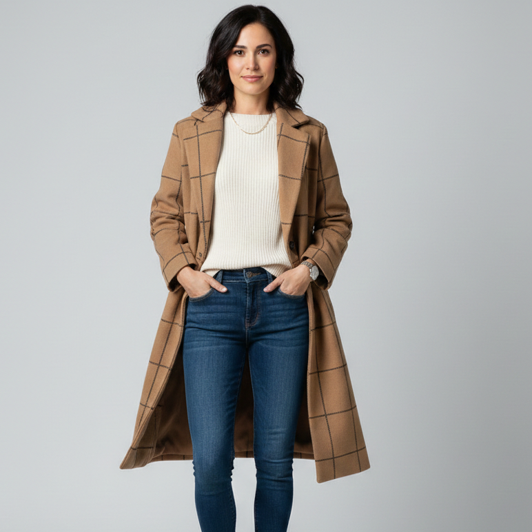 CAMILLE– Retro Plaid Lapel Long Coat