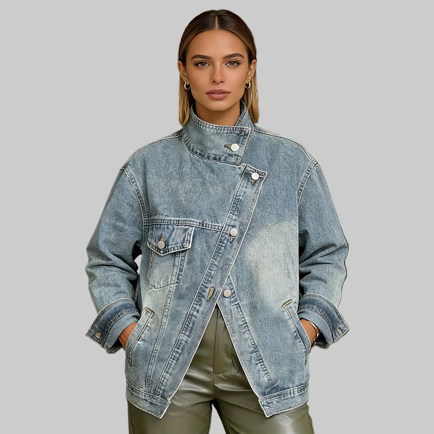 CAMILLE – MID-LONG STAND COLLAR DENIM JACKET
