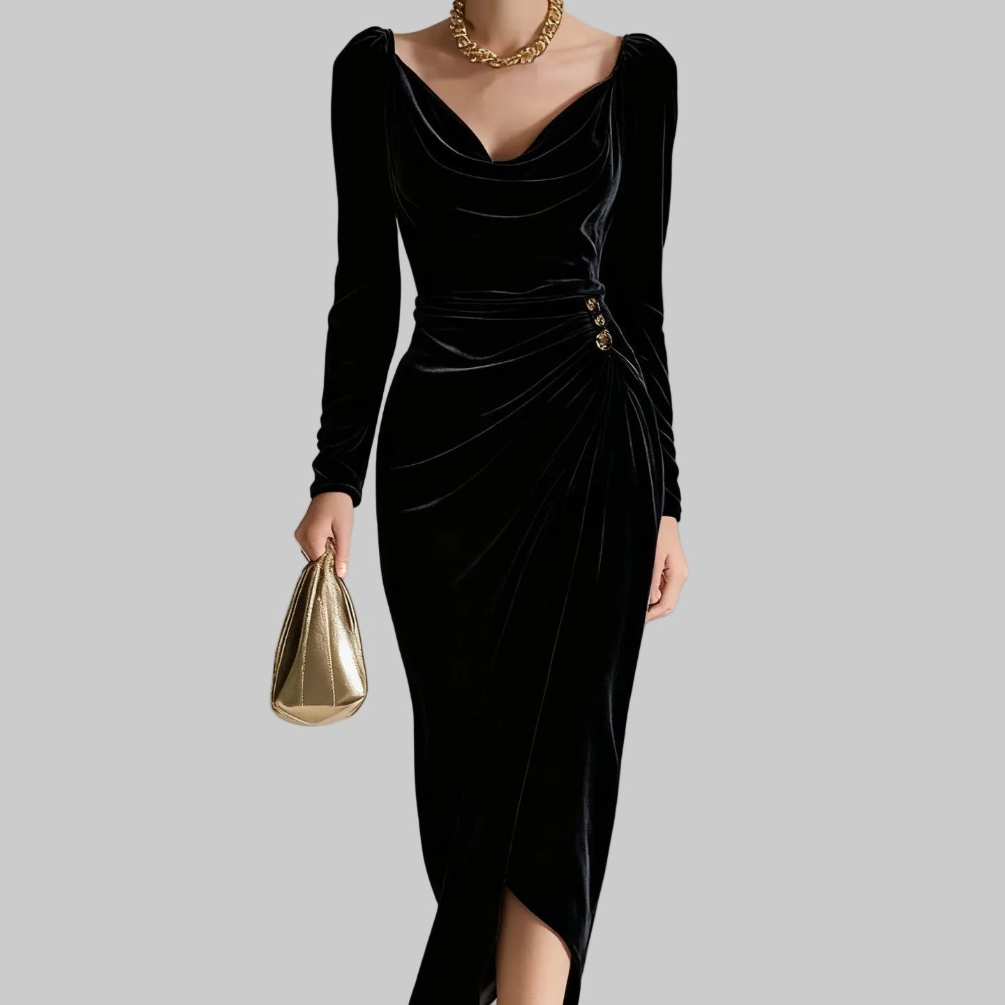 LIVIA – Gold Velvet Slim Dress