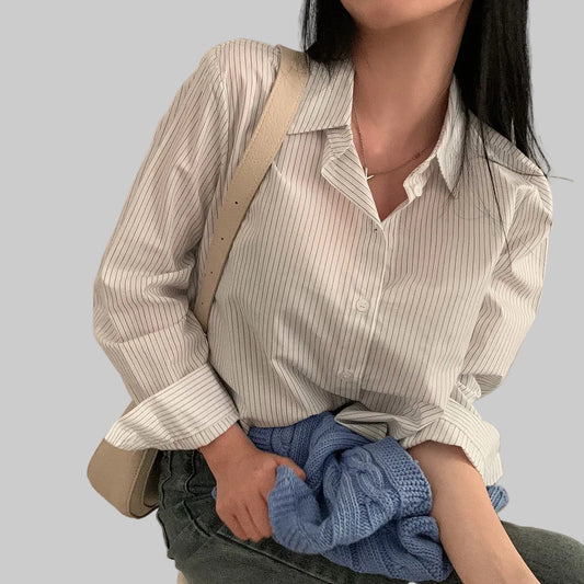 MIRA – Women’s Striped Polo Collar Cardigan Shirt